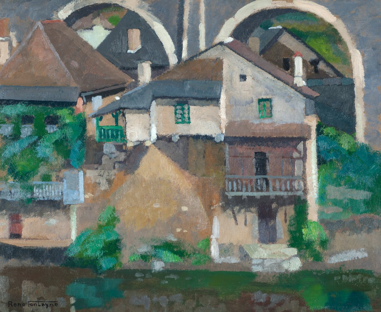 Casas del Vézère en Uzerche (óleo sobre cartón) de René Fontayne