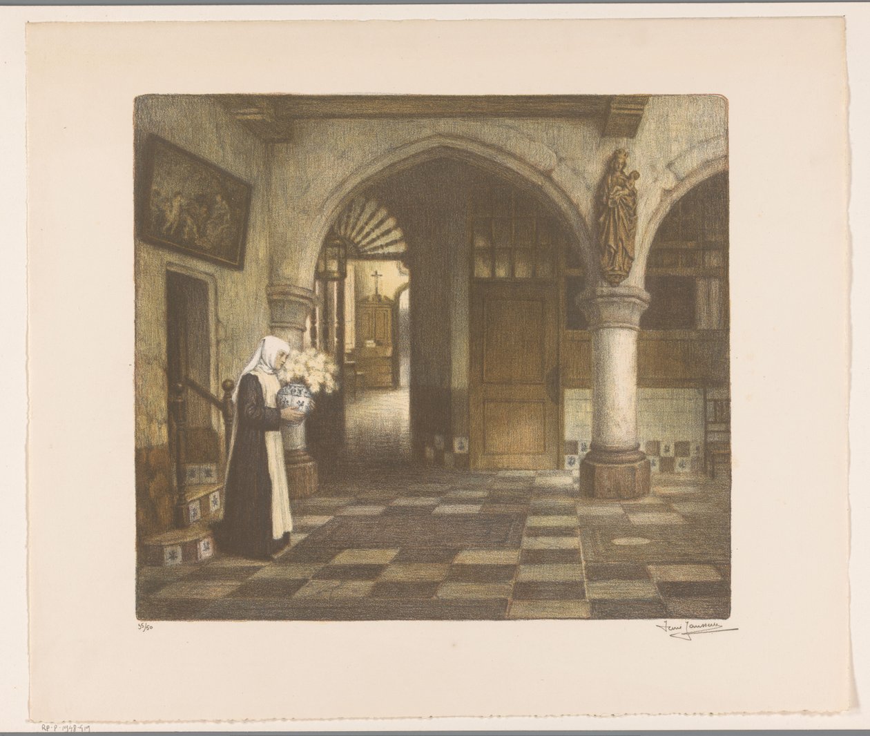 Monja en un salón de un convento con un jarrón de flores de René Janssens (signed by artist)