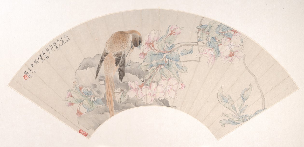 Pájaro en una roca junto a una rama florida, fechado en 1879 de Ren Xun