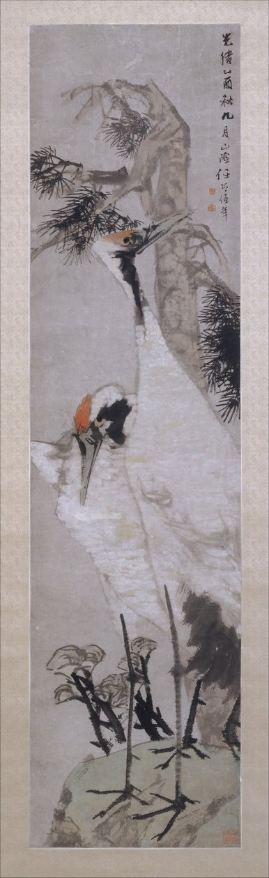 Grullas, pino y líquenes, fechado en 1885 de Ren Yi