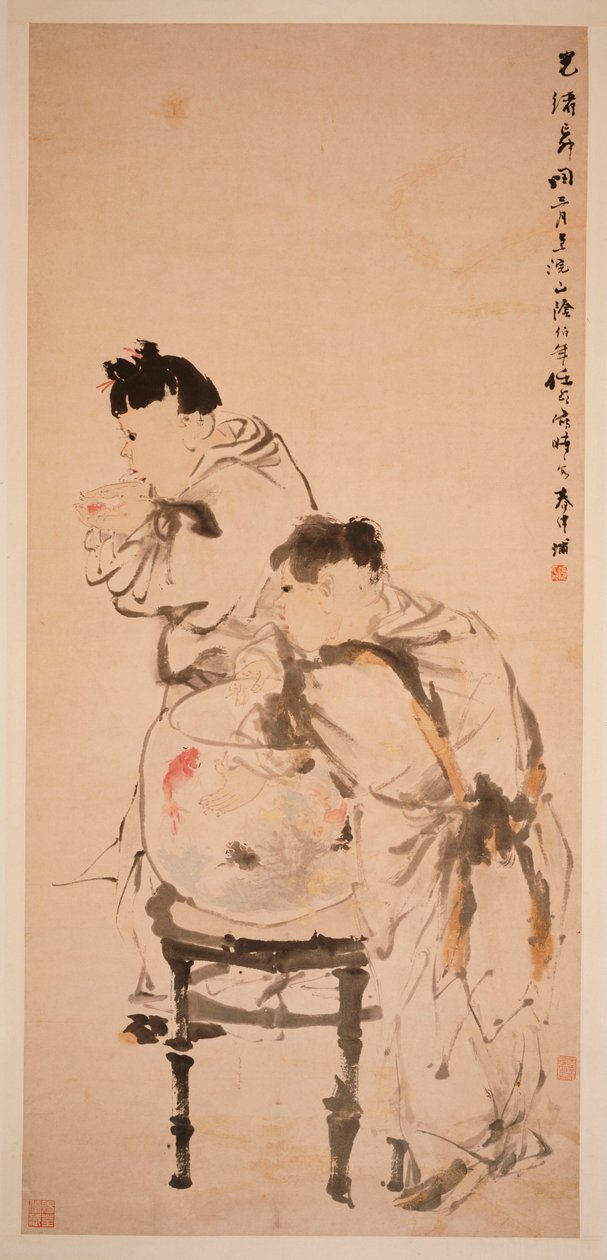 Dos niños jugando con peces dorados, 1879 de Ren Yi