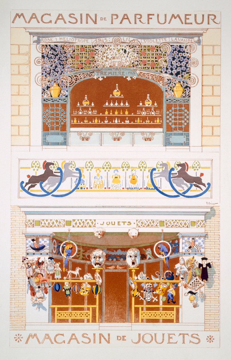 Dos diseños de escaparates: Un vendedor de perfumes y una juguetería, c.1880-95 de Rene Binet