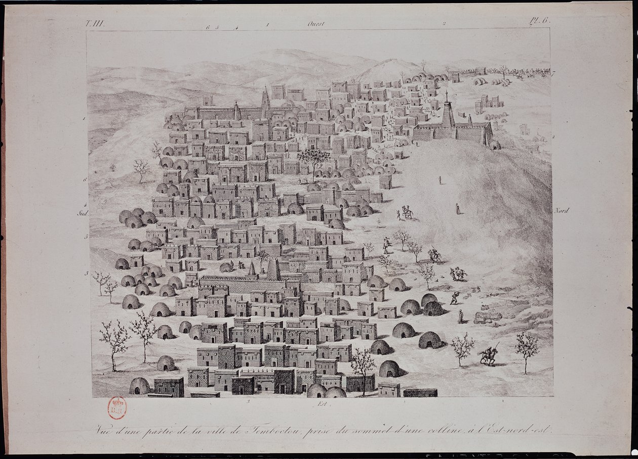 Vista de parte de la ciudad de Tombuctú desde una colina, ilustración de 