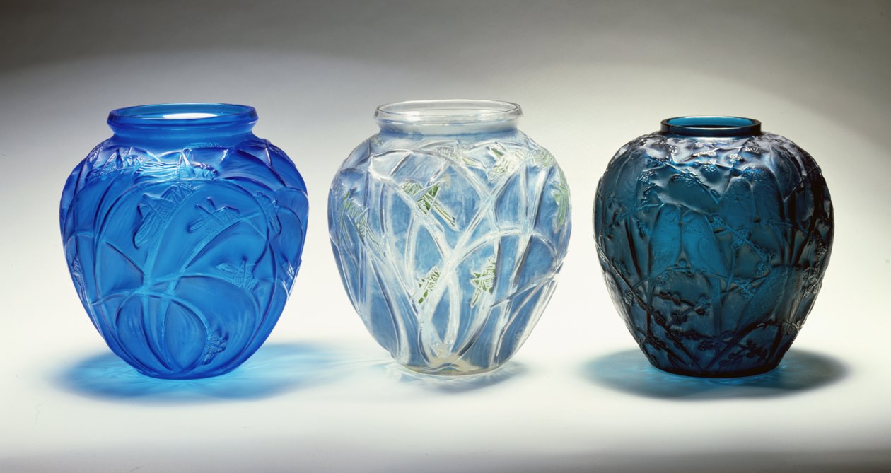 Tres jarrones (vidrio) de Rene Jules Lalique