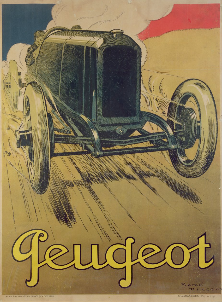 Póster publicitario de un coche de carreras Peugeot, c.1918 de Rene Vincent