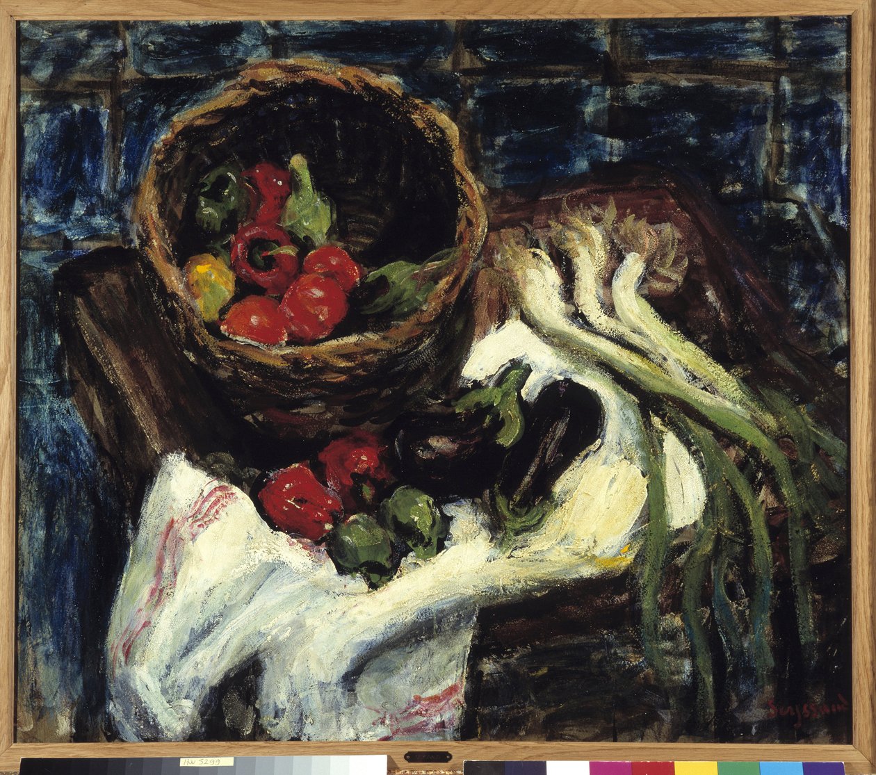 Naturaleza muerta en cesta de verduras Pimientos, berenjenas y puerros (óleo sobre lienzo) de Rene Auguste Seyssaud