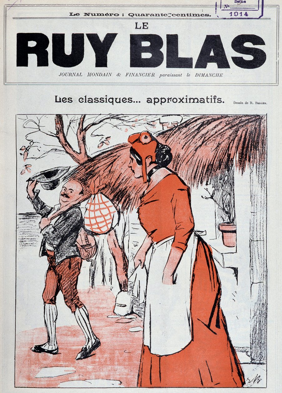 Marianne como campesina, con un pañuelo en la mano, en los escalones de su casa viendo salir a un hombre para saludarla - Dibujo de R. Berger para la portada de Ruy Blas, 1 de enero de Rene Berger