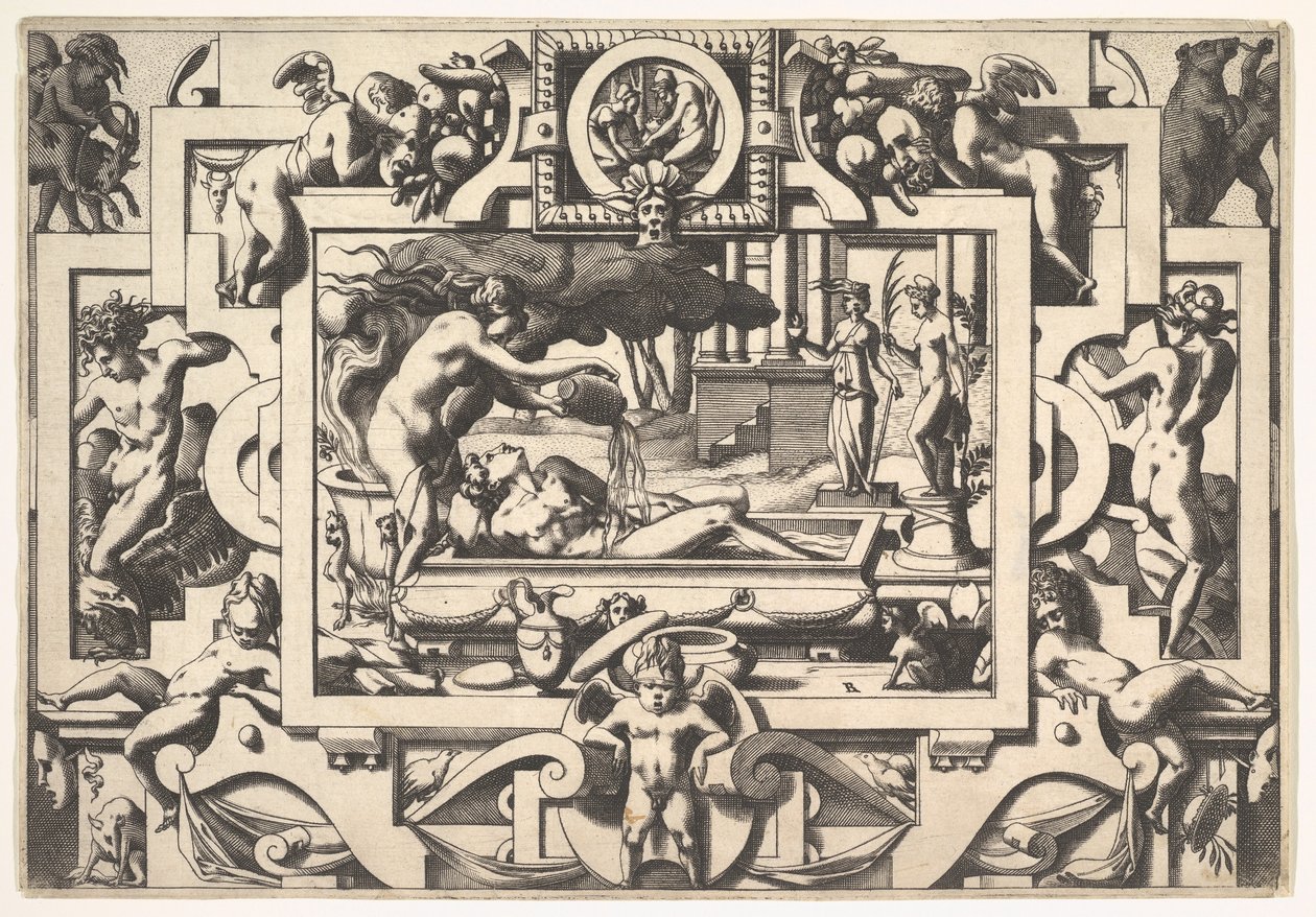 Medea vierte una poción mágica sobre Jasón Le roi Aeson tant caduque et chenu en une cuve elle..., 1563 de Rene Boyvin