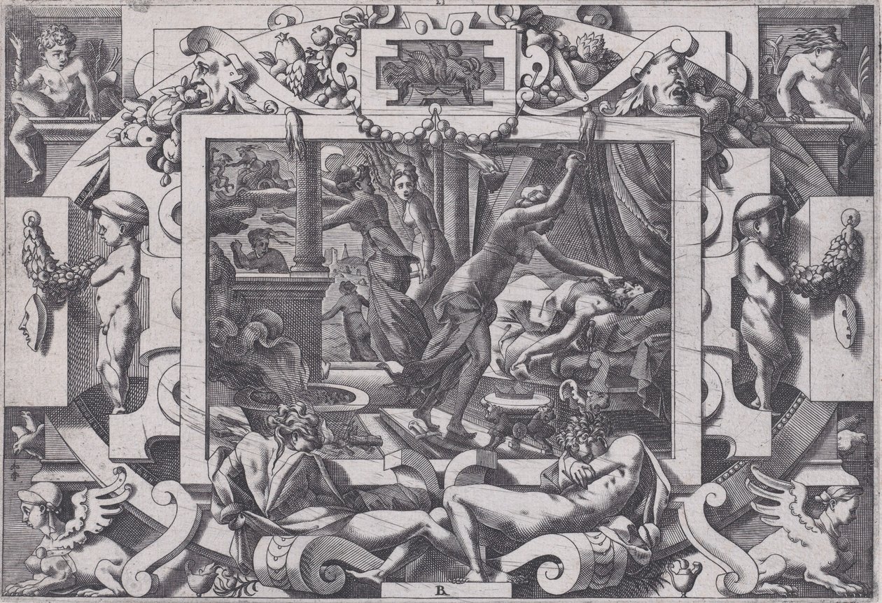 Pelias asesinado por sus hijas (por piedad ellas toman coraje para vaciar su sangre), 1563 de Rene Boyvin