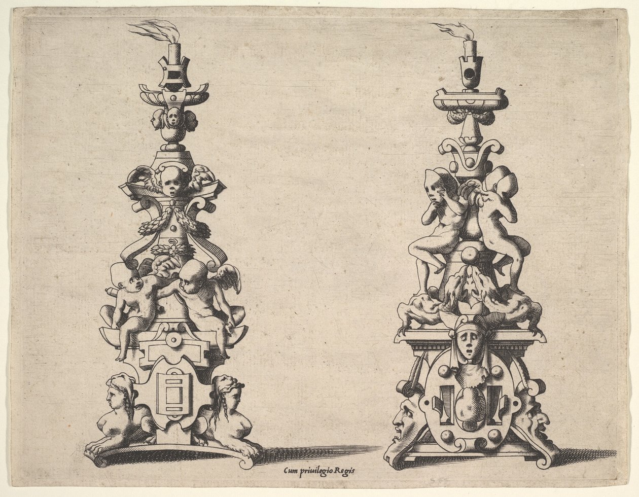 Dos diseños de candelabros, ca. 1550-60 de Rene Boyvin