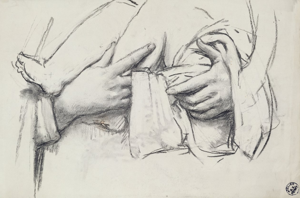 Estudio de la mano para Nuestra Señora de Morienval en Oise, Francia (carboncillo sobre papel) de René François Xavier Prinet