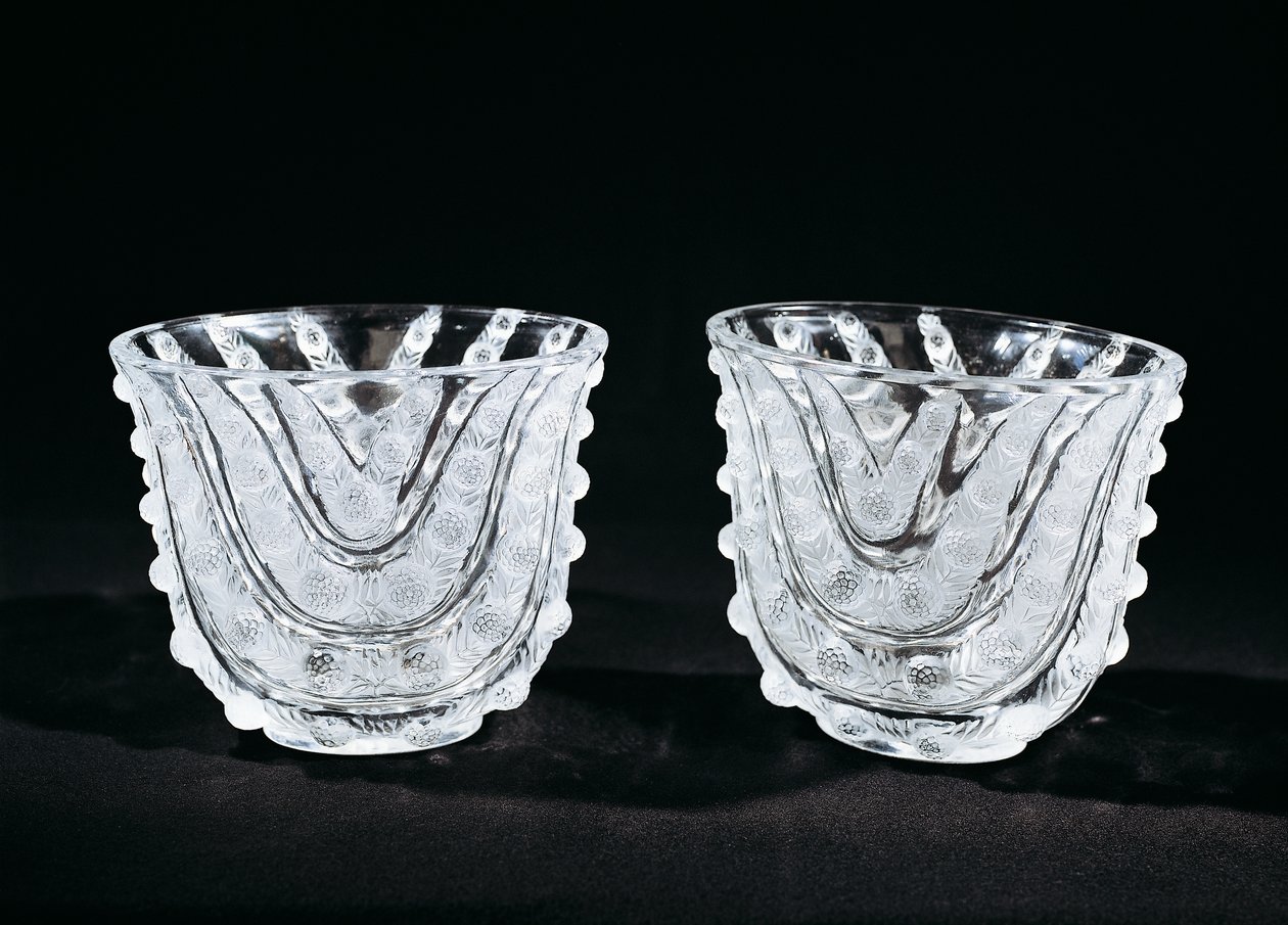 Jarrones de vidrio, ca 1930, por René Lalique, producidos por René Lalique et Cie Alsace Glassworks. Francia, siglo XX de Rene Jules Lalique