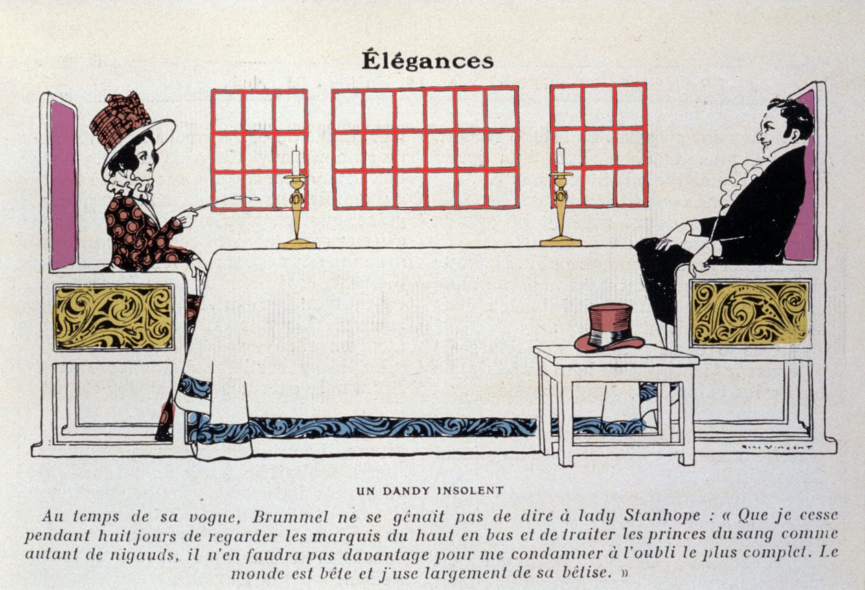 Representación de Beau Brummell (George Bryan Brummell) (1778-1840) en la mesa frente a Lady Stanhope, dio origen a la expresión 