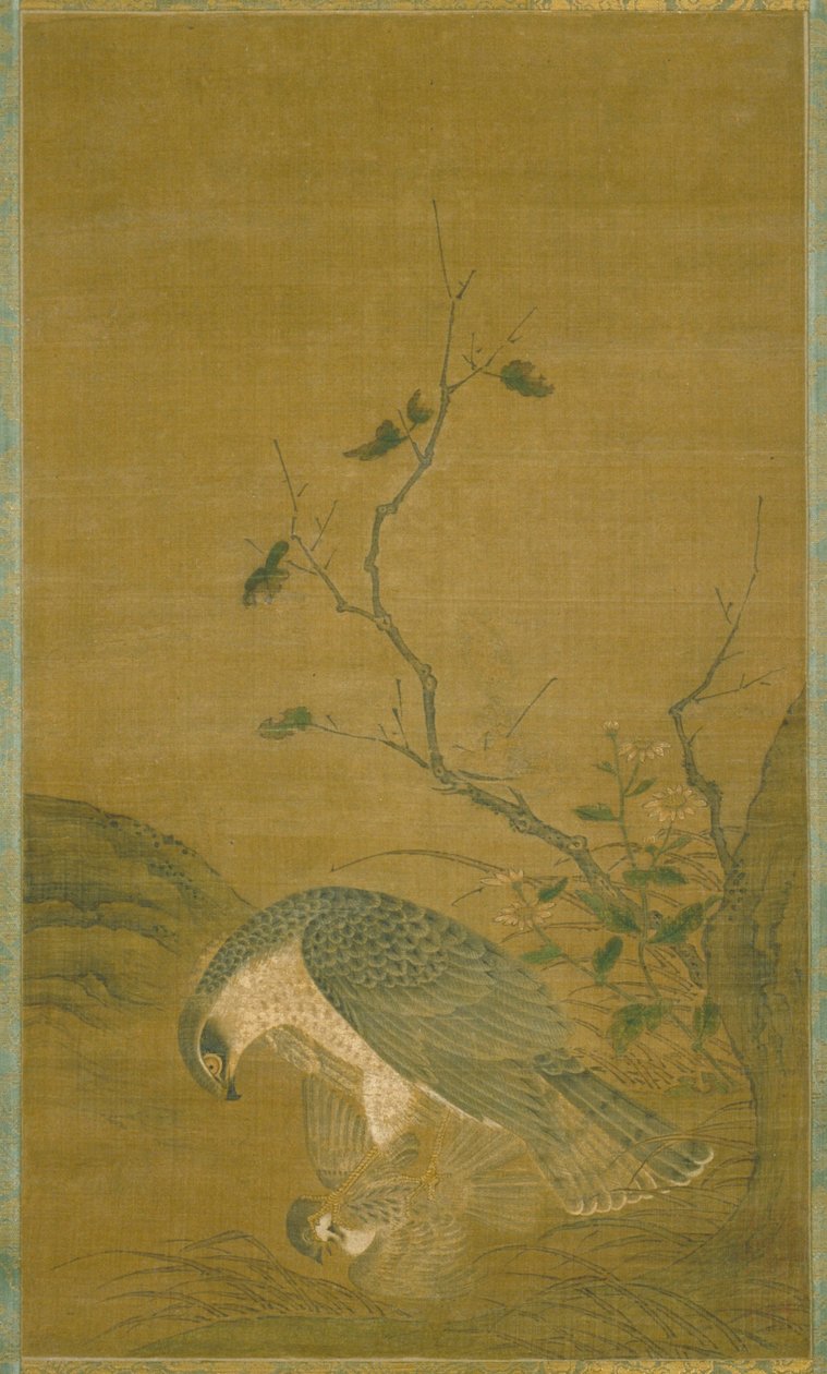 Hawk Capturing A Sparrow (tinta y color sobre seda) de Renfa Ren