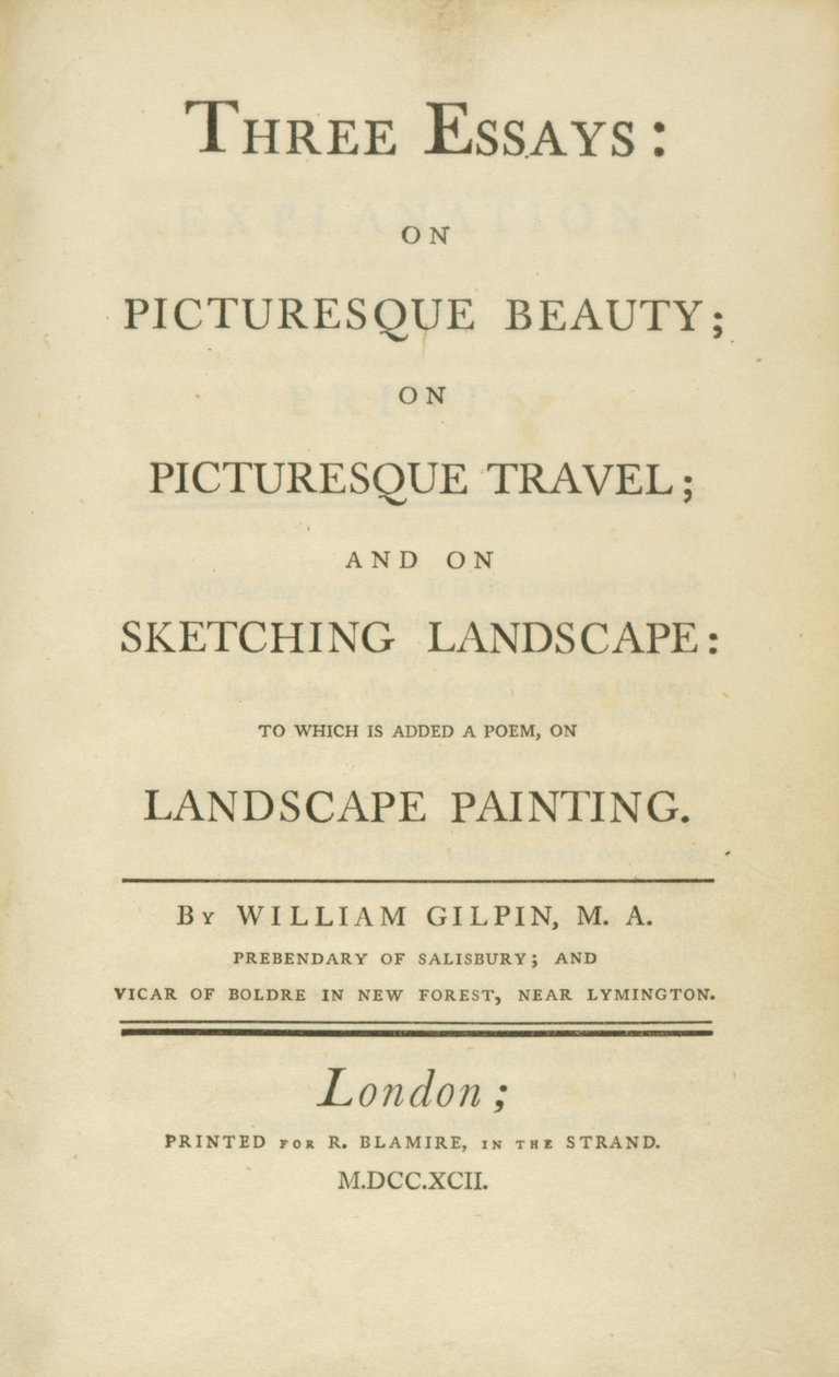 Página del título, de Tres ensayos: sobre la belleza pintoresca, sobre el viaje pintoresco y sobre el dibujo..., 1792 de Rev. William Gilpin