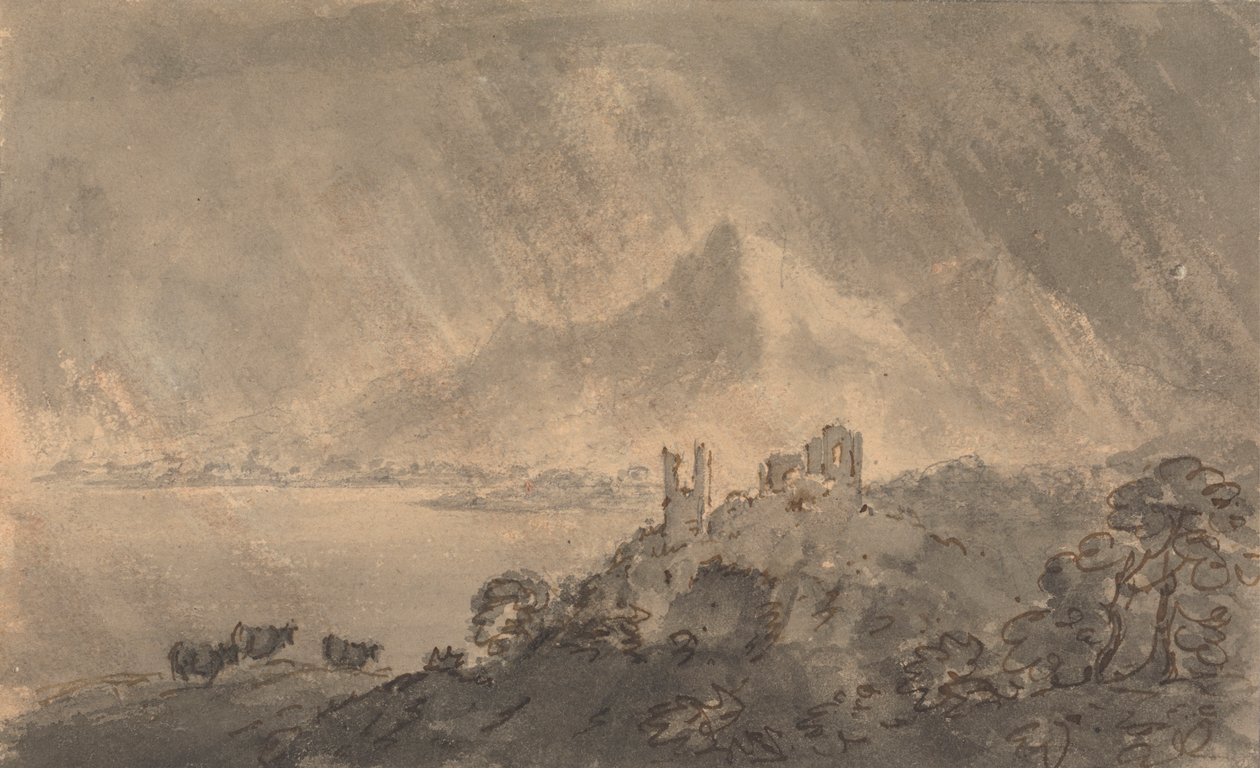 Castillo sobre un lago con una montaña lejana bajo un cielo tormentoso de Rev. William Gilpin