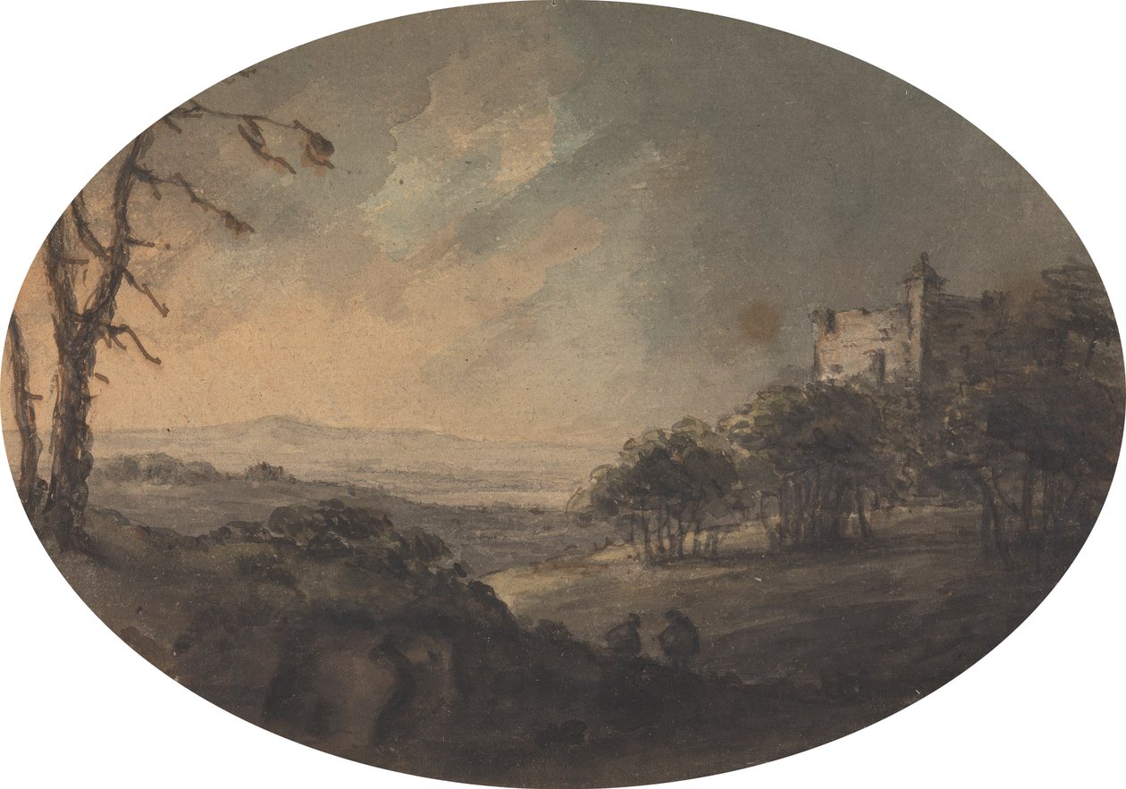 Paisaje con dos hombres en una colina y un castillo a lo lejos de Rev. William Gilpin