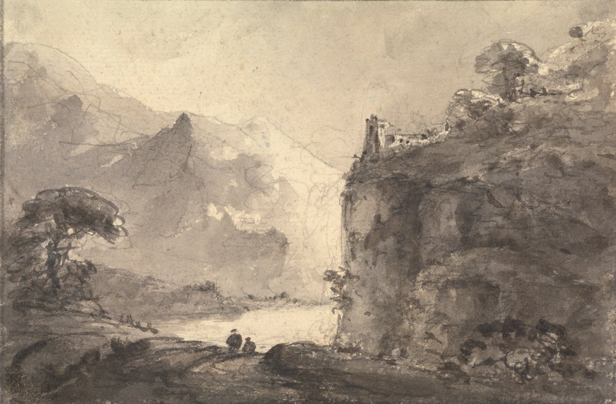 Paisaje rocoso con dos figuras en un camino en el centro de Rev. William Gilpin