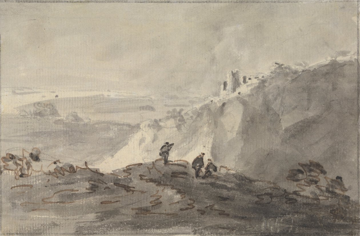 Tres figuras en un paisaje montañoso con ruinas, más allá de Rev. William Gilpin