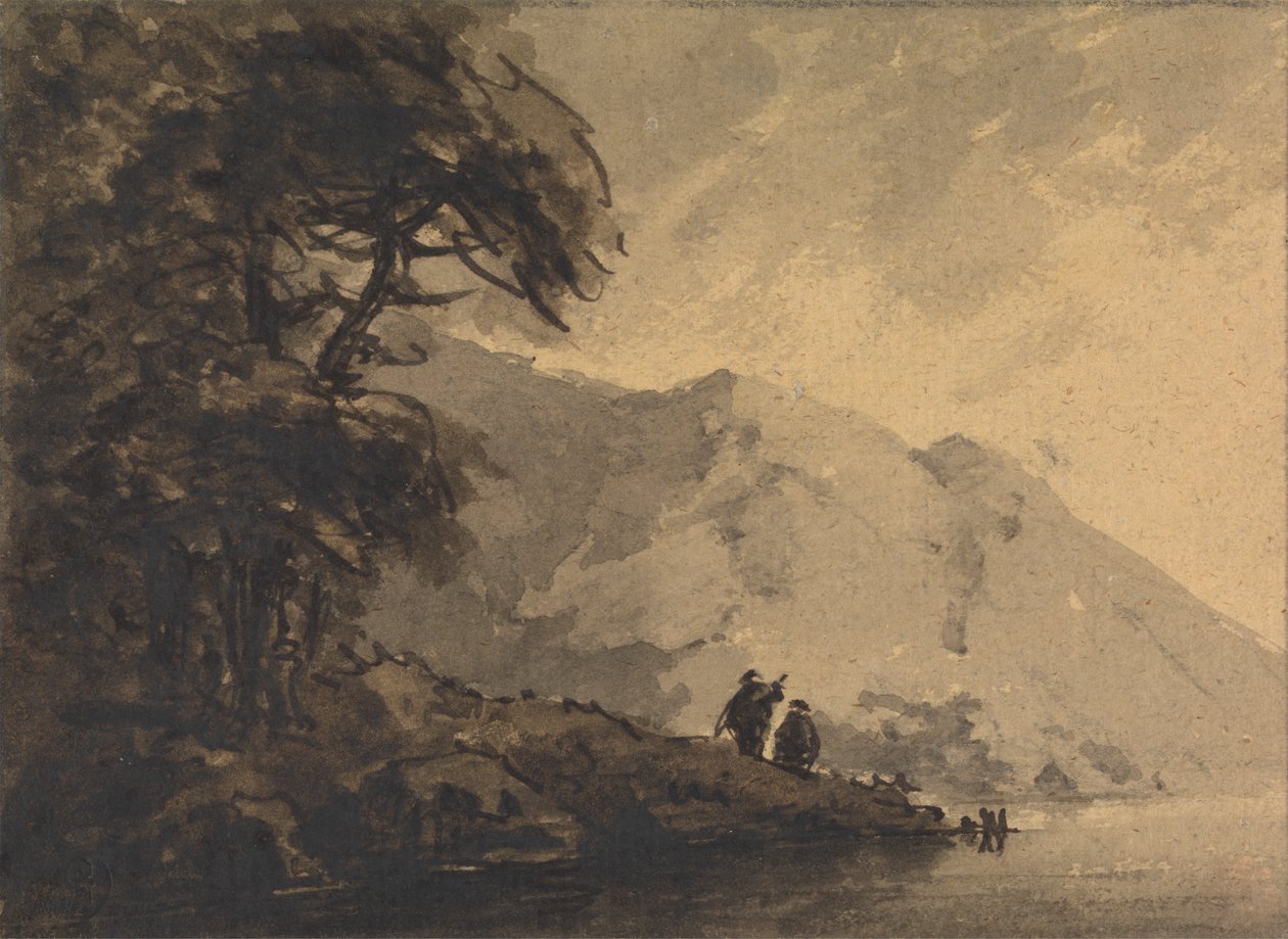 Dos figuras en la orilla con una montaña detrás de Rev. William Gilpin