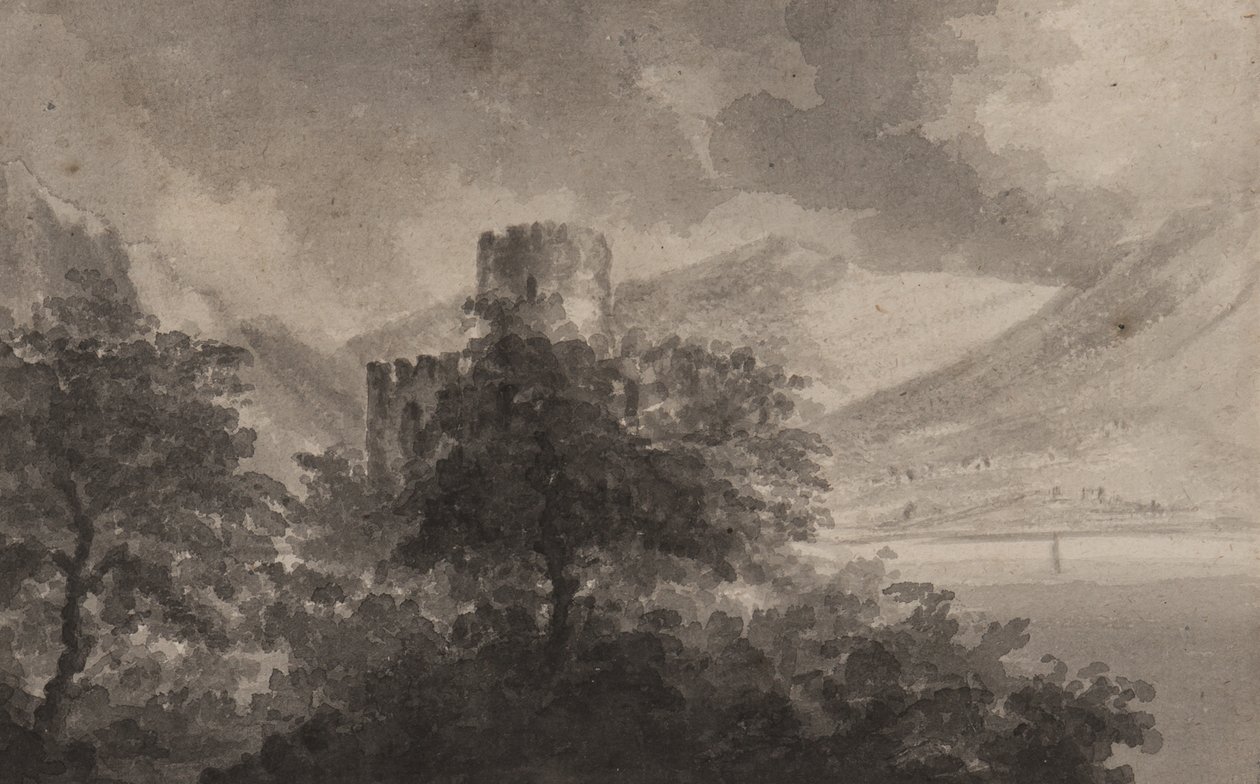 Castillo en un lago boscoso: capricho, 1804 de Rev. William Gilpin