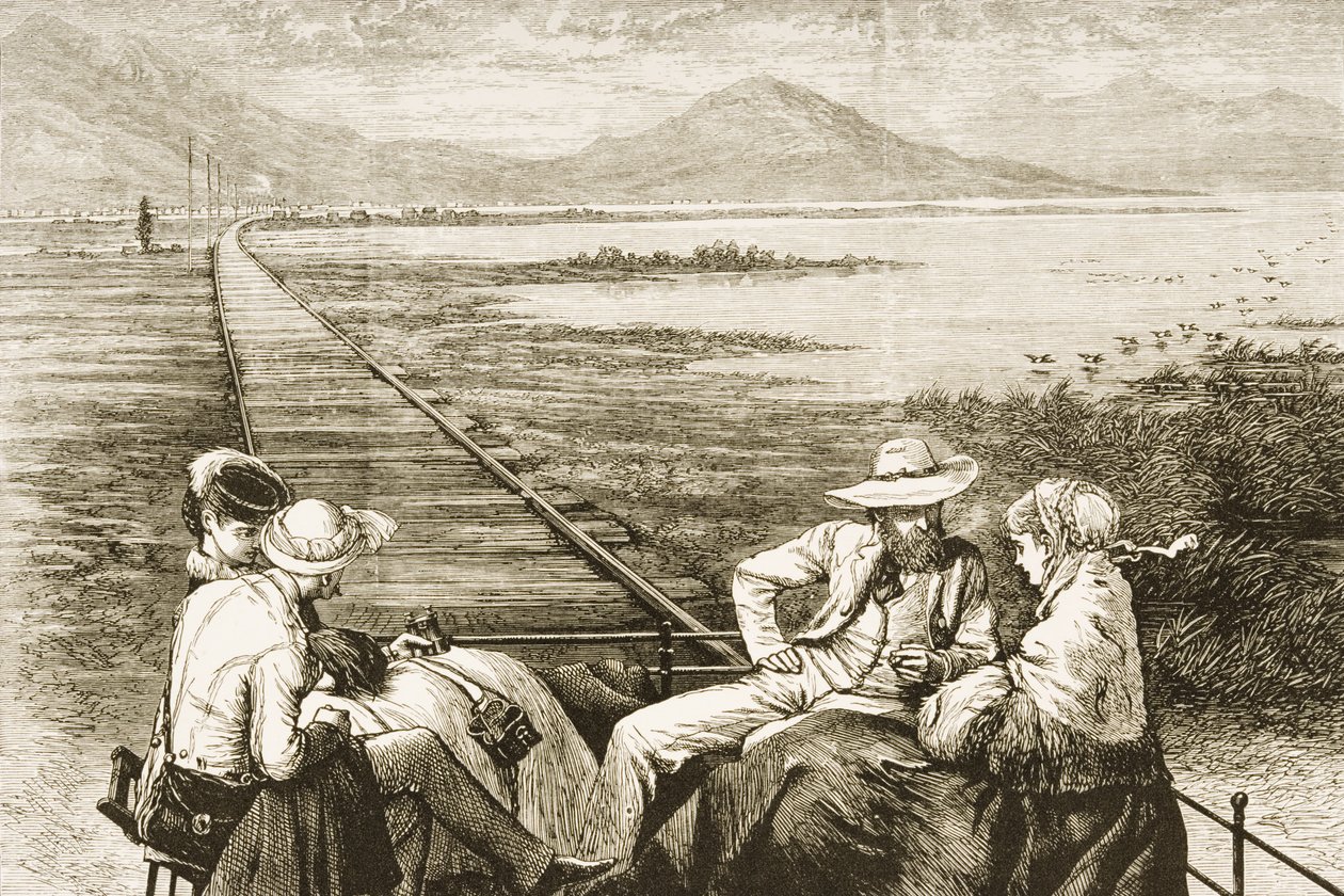 Un coche de inspección en el Ferrocarril del Pacífico acercándose al Gran Lago Salado, c.1880 de Reverend Samuel Manning