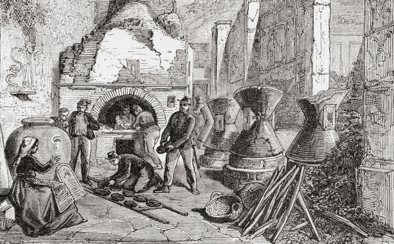 Horno de pan, molinos de pan y harina descubiertos en las excavaciones de Pompeya, Nápoles, Italia, a finales del siglo XIX. De Italian Pictures by Rev. Samuel Manning, publicado hacia 1890. de Reverend Samuel Manning