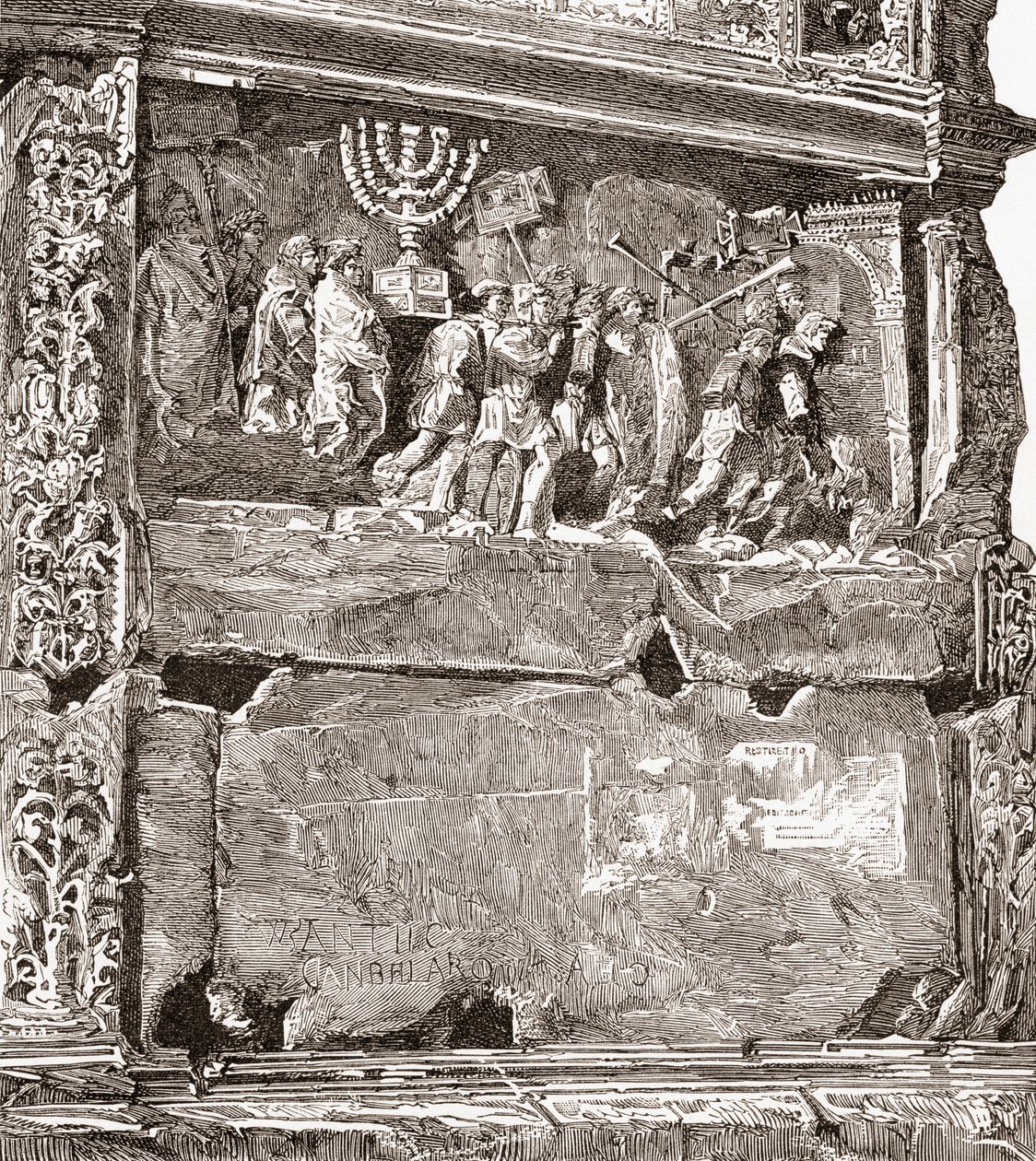 Bajorrelieve del panel sur "El botín de guerra", que muestra la procesión triunfal, en el Arco de Tito, Vía Sacra, Foro Romano, Roma, Italia. De Italian Pictures by Rev. Samuel Manning, publicado hacia 1890. de Reverend Samuel Manning