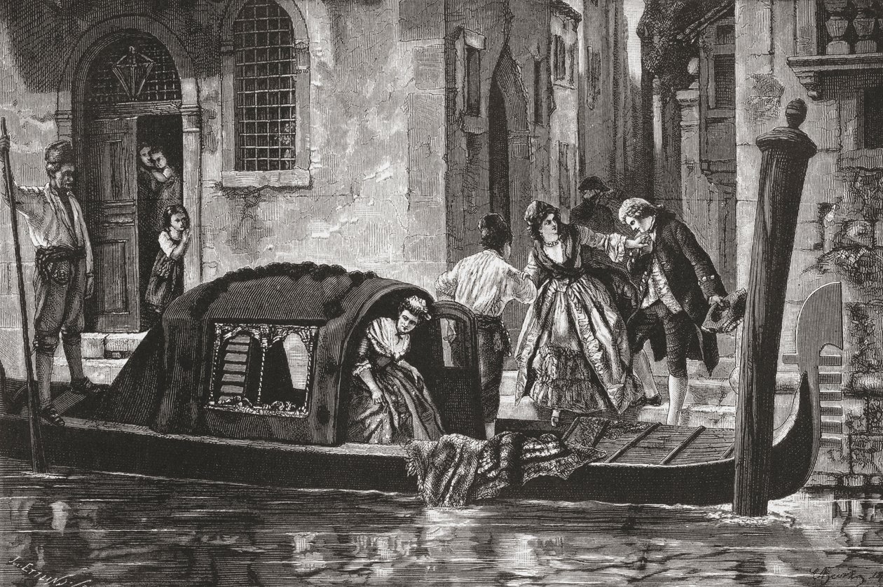Pasajeros bajando de una góndola en el Gran Canal, Venecia, Italia, a finales del siglo XIX. De Italian Pictures by Rev. Samuel Manning, publicado hacia 1890. de Reverend Samuel Manning