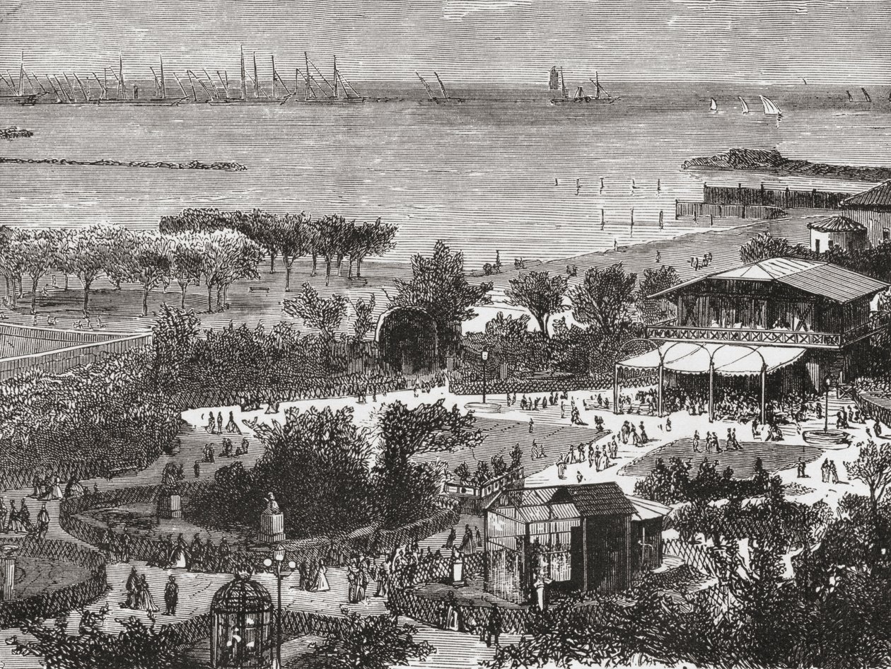 Jardines públicos y rada de Livorno, alias Leghorn,Toscana, Italia a finales del siglo XIX. De Italian Pictures by Rev. Samuel Manning, publicado hacia 1890. de Reverend Samuel Manning