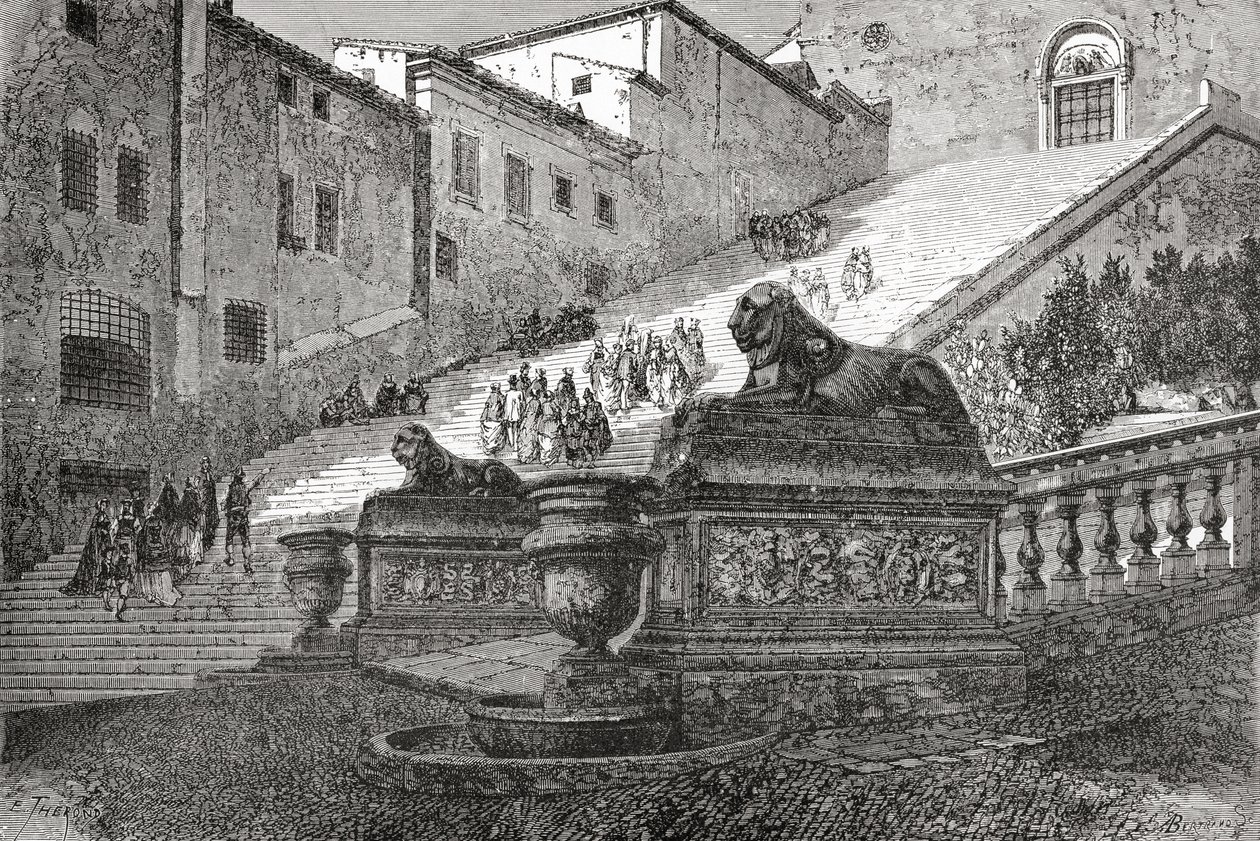 Escalera de acceso a la Basílica de Santa María del Altar del Cielo, Roma, Italia, finales del siglo XIX. De Italian Pictures by Rev. Samuel Manning, publicado hacia 1890. de Reverend Samuel Manning