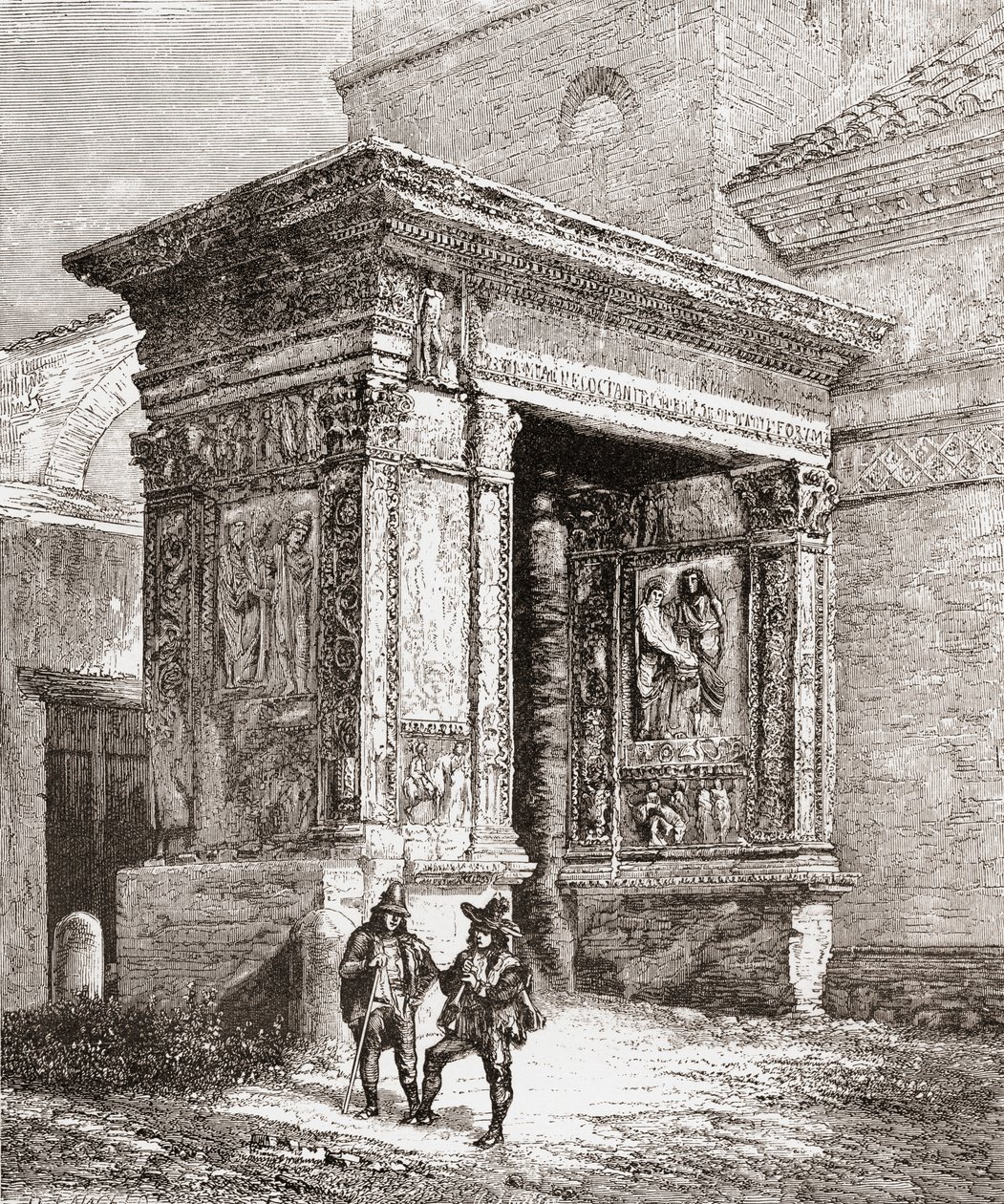 El Arcus Argentariorum, en el muro occidental de la iglesia de San Giorgio al Velabro, Roma, Italia, a finales del siglo XIX. De Italian Pictures by Rev. Samuel Manning, publicado hacia 1890. de Reverend Samuel Manning