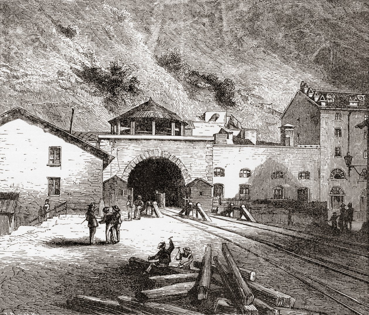 El túnel ferroviario de Fréjus, también llamado túnel de Mont Cenis, en los Alpes europeos, desde el lado italiano a finales del siglo XIX. De Italian Pictures by Rev. Samuel Manning, publicado hacia 1890. de Reverend Samuel Manning