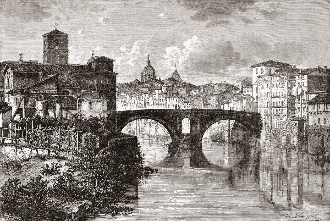 El Pons Fabricius, o Ponte dei Quattro Capi, y la Isla Tiberina, Roma, Italia a finales del siglo XIX. De Italian Pictures by Rev. Samuel Manning, publicado hacia 1890. de Reverend Samuel Manning