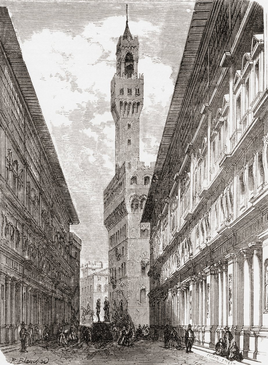 Los Uffizi, el Palazzo Vecchio y estatuas en la Piazza della Signoria, Florencia, Italia, a finales del siglo XIX. De Italian Pictures by Rev. Samuel Manning, publicado hacia 1890. de Reverend Samuel Manning