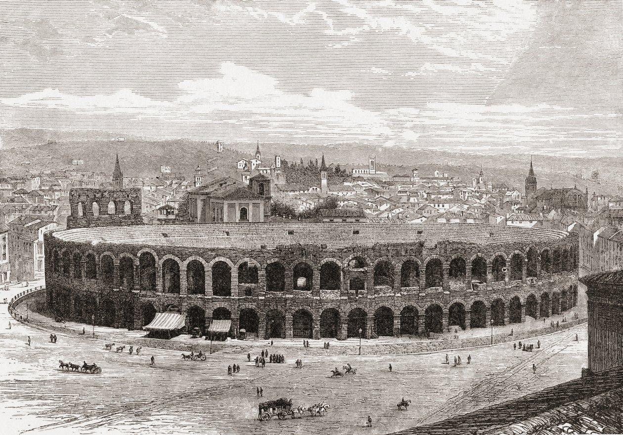 La Arena de Verona, Piazza Bra, Verona, Italia a finales del siglo XIX. De Italian Pictures by Rev. Samuel Manning, publicado hacia 1890. de Reverend Samuel Manning