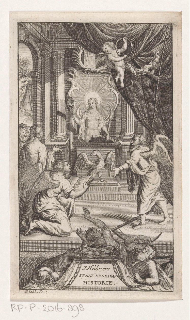 El padre tiempo revela la historia Historia política de J. Huebner (título sobre objeto) Página de título para: Johann Hübner, Preguntas concisas de historia política, 1722 de Reynier Blokhuysen