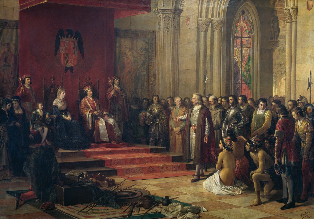 Cristóbal Colón recibido por los Reyes Católicos en Barcelona al regreso de su primer viaje a América, pintura de 1874 de Ricardo Balaca (1844-1880), óleo sobre lienzo de Ricardo Balaca y Canseco