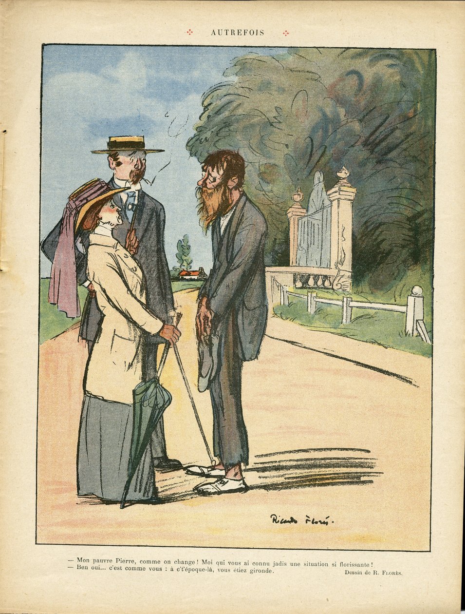 Ilustración de Ricardo Flores (1878-1918) en Le Lire, 01/06/12 - Antiguamente - Campo, Arquitectura Urbana, Miseria, Vida de los ricos, Árbol - Mujeres de Ricardo Flores