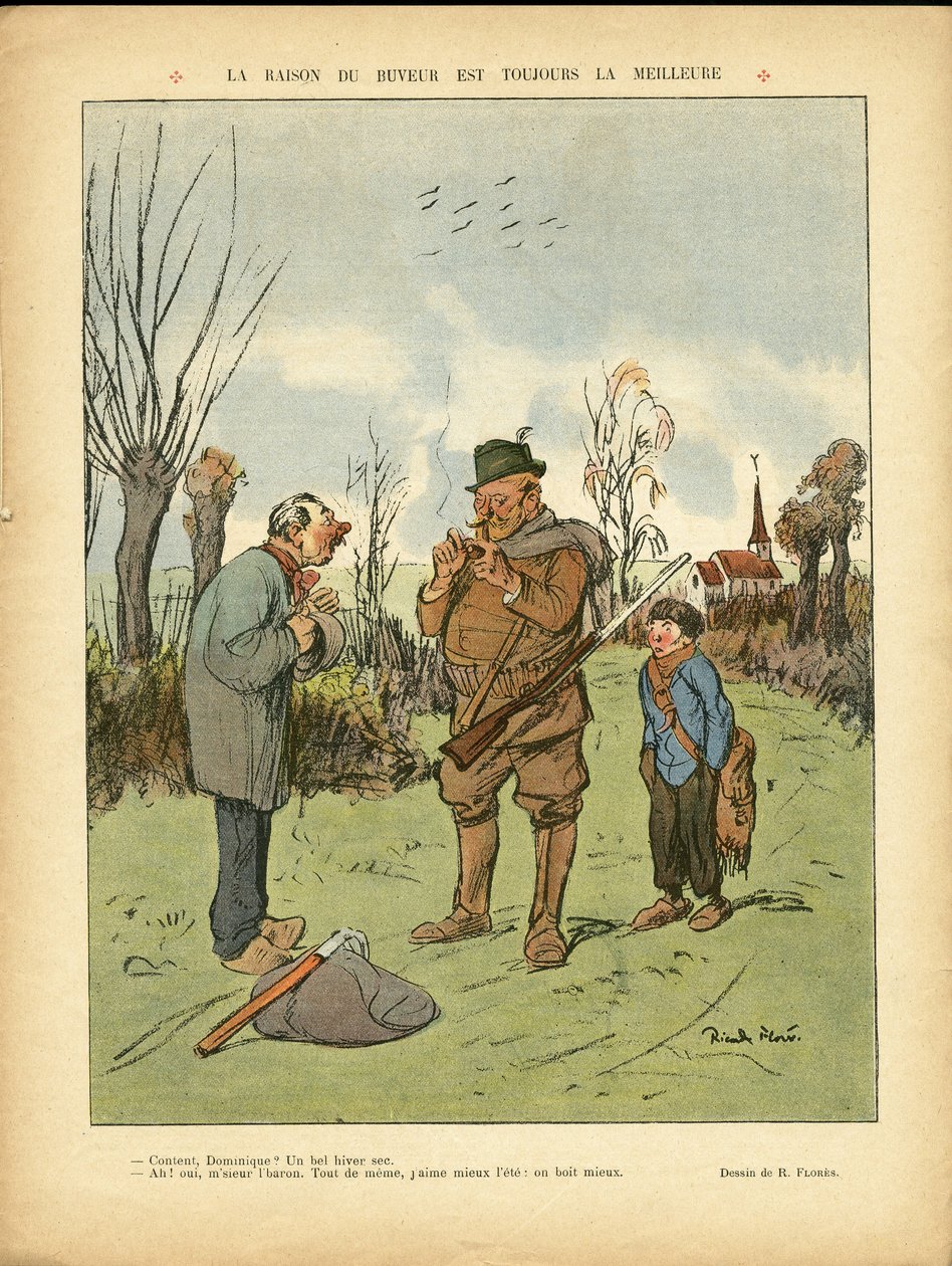 Ilustración de Ricardo Flores (1878-1918) en Le Lire, 04/01/13 - La razón del bebedor siempre es la mejor - Campaña, Infancia, Caza cazador, Catedrales Iglesias, Alcohol Alcoholismo de Ricardo Flores