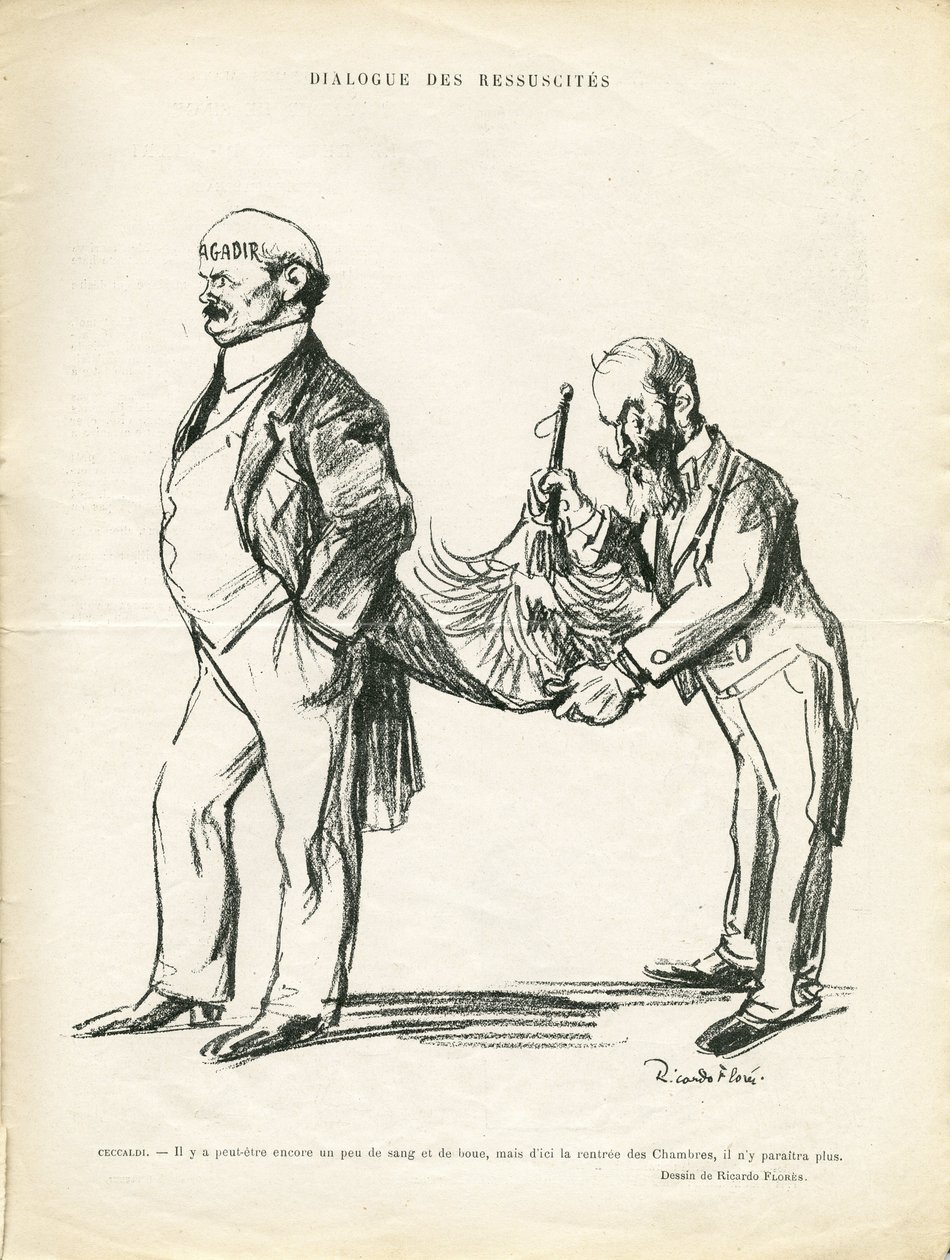 Ilustración de Ricardo Flores (1878-1918) en Le Rire, 09/05/14 - Diálogo de Resucitados - Marruecos, Agadir - Ceccaldi de Ricardo Flores