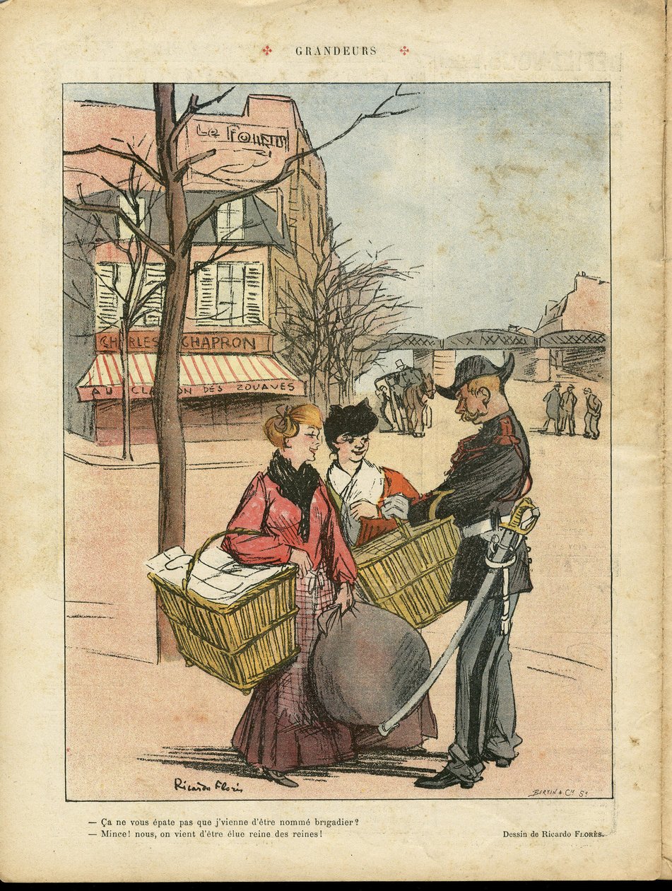 Ilustración de Ricardo Flores (1878-1918) en Le Rire, 29/02/08 - Grandezas - París, Oficios, Arquitectura Urbanismo, Amor, Tiendas, Metro - Lavanderas de Ricardo Flores
