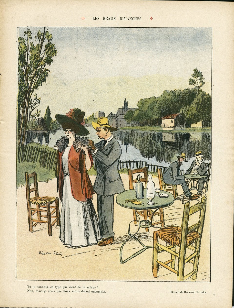 Ilustración de Ricardo Flores (1878-1918) en Le Rire, 04/07/08 - Hermosos Domingos - Ocio, Vegetación Natural, Arquitectura Urbanismo, Restaurantes Cafés, Marítimo Marino Costero de Ricardo Flores
