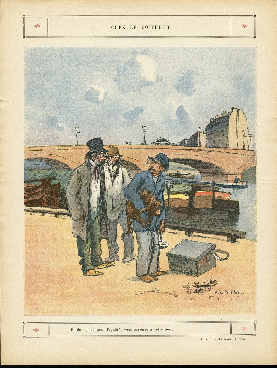 Ilustración de Ricardo Flores (1878-1918) en Le Rire, 05/10/12 - En la peluquería - París, Oficios, Urbanismo, Puente, Río - Perro, Peluquero de Ricardo Flores
