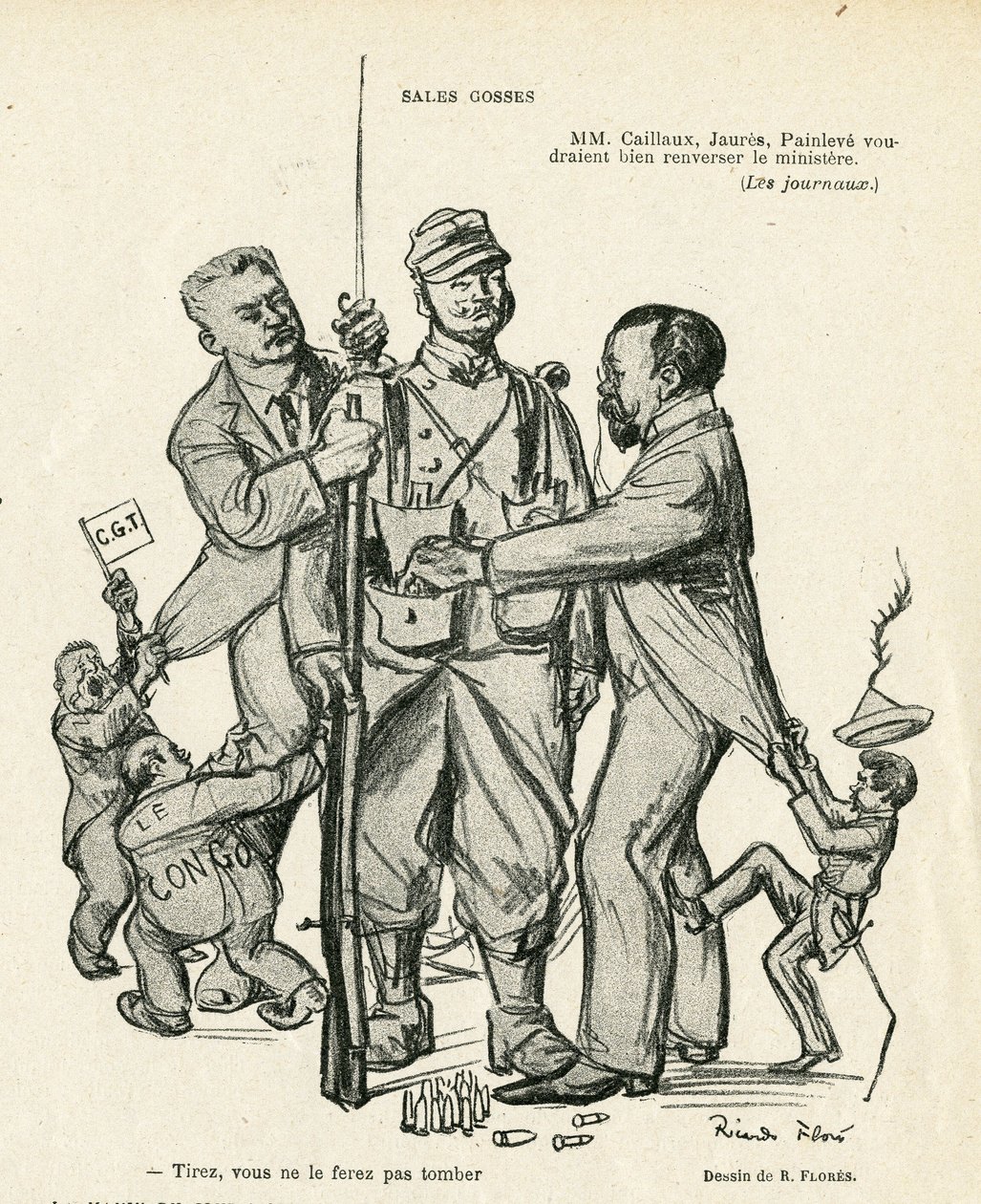Ilustración de Ricardo Flores en Le Rire, 21/06/13 - Niños vendedores - Ejército, Servicio Militar, Socialismo - Jaurès Jean, Caillaux Joseph, Painlevé Paul de Ricardo Flores