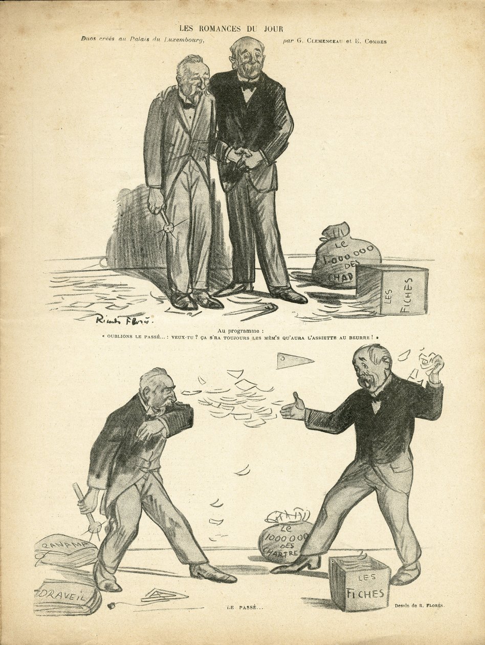 Ilustración de Ricardo Flores (1878-1918) en Le Rire, 28/12/12 - Romance del Día - Caso de Panamá, Caso de Registros, Represión - Millón de los Cartujos - Combes Emile (1835-1921), Clemenceau George de Ricardo Flores