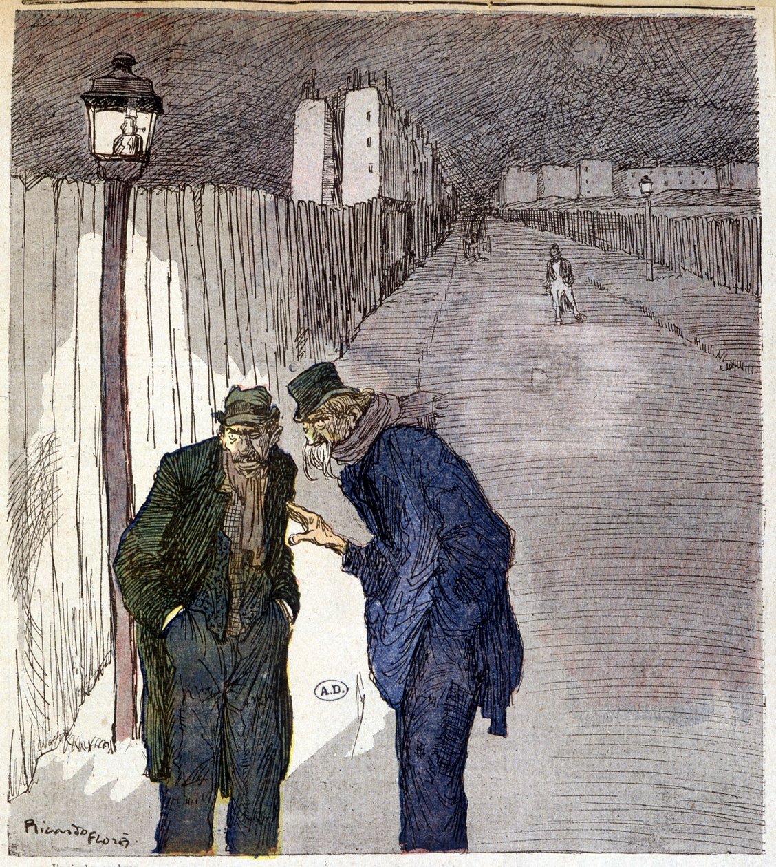 Dos hombres charlando en un callejón siniestro - dibujo de Ricardon Florès de Ricardo Flores