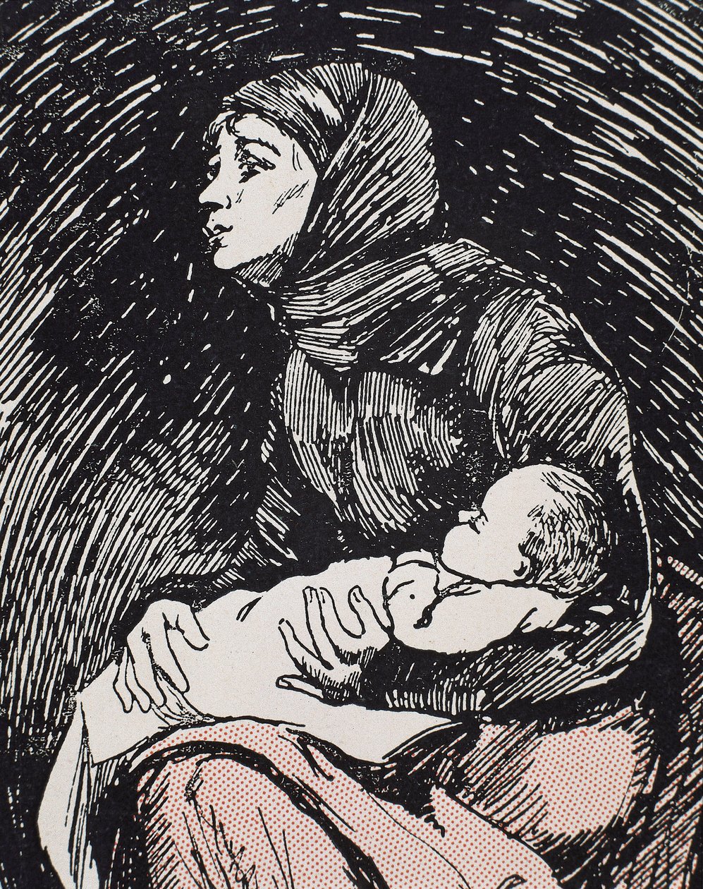 Nochebuena. 1900. Una mujer delgada con su hijo en brazos (grabado) de Ricardo Maria Navarrete