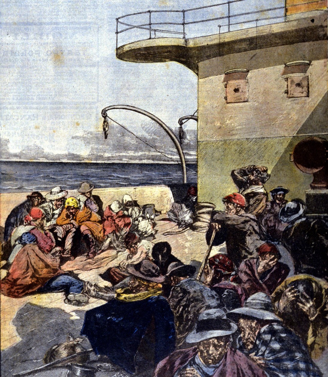 Emigración italiana a Canadá; el viaje a bordo del Lake Megantic se realizó en condiciones bastante difíciles. Ilustración de R. Pellegrini. La Domenica del corriere. 02/06/1901 de Riccardo Pellegrini