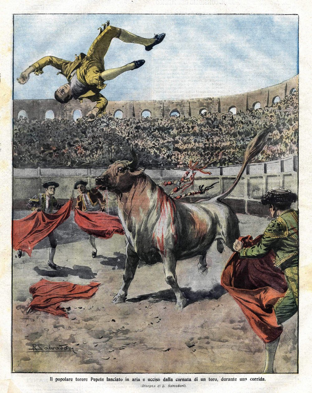 Muerte del Torero JOSE CLARO PEPETE en Murcia el 7 de septiembre de 1910. Ilustración de Salvadori para la Domenica del Corriere del 18 de septiembre de Riccardo Salvadori